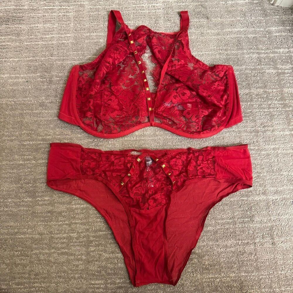 Adore Me Emmaline Red Unlined Lace Halter Studded Bra Lingerie Set 42H 1X